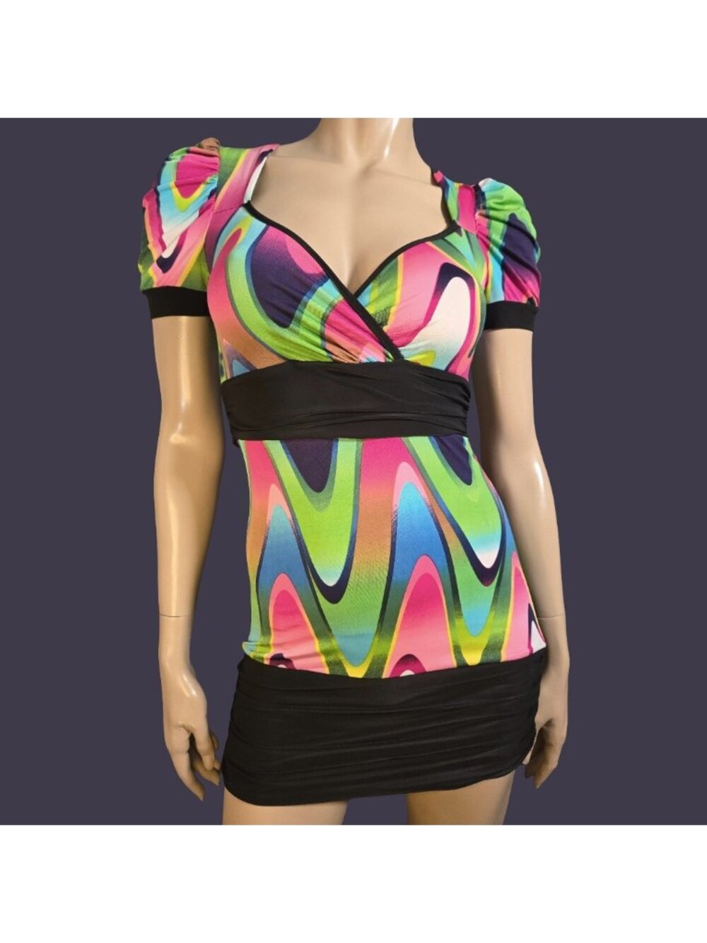 Vintage Y2K Micro Mini Club Dress Colorful Mod Psychedelic Rave Festival Size S